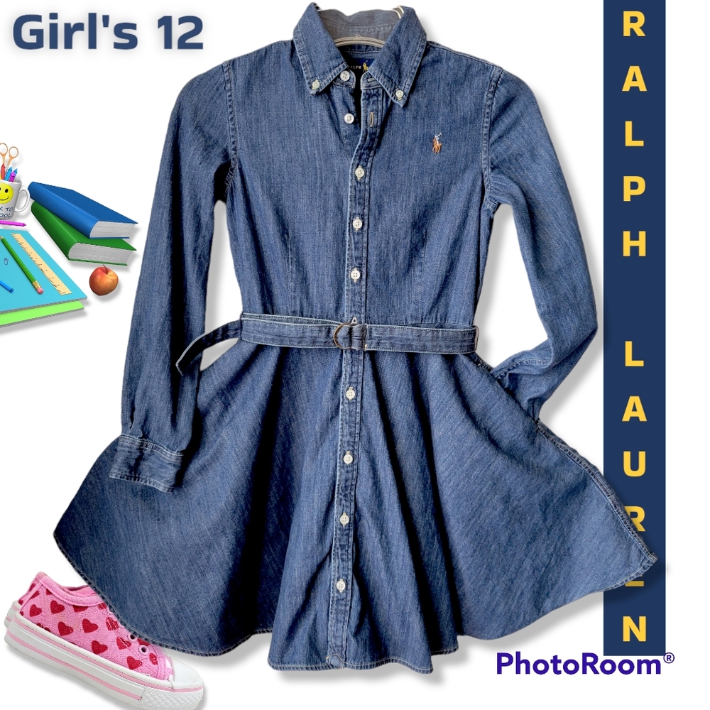 RALPH LAUREN Denim Dress Girls Size 12 Long Sleeve Belted Girls Polo Shirtdress